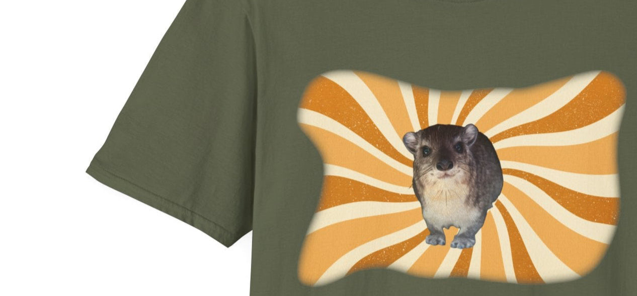 Green t-shirt with a graphic of a small hyrax on an orange and white background